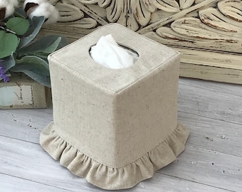 Natural Linen cotton blend ruffle tissue box cover