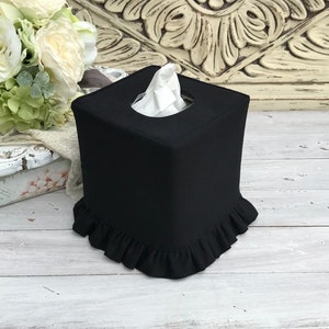 Black linen cotton blend ruffle tissue box cover