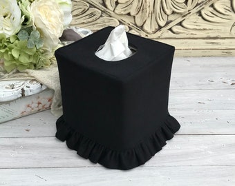 Black linen cot blend ruffle tissue box cover