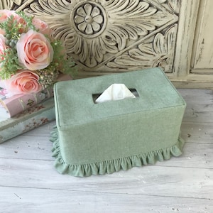 Green Linen cotton blend Ruffle Rectangle Tissue Box Cover