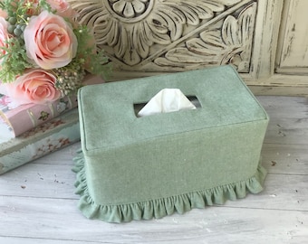 Green Linen cotton blend Ruffle Rectangle Tissue Box Cover