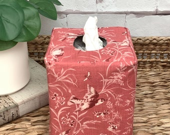 Aviary faded red toile/floral reversible tissue box cover