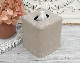 Hemstitch Natural Flax Linen cotton blend reversible tissue box cover