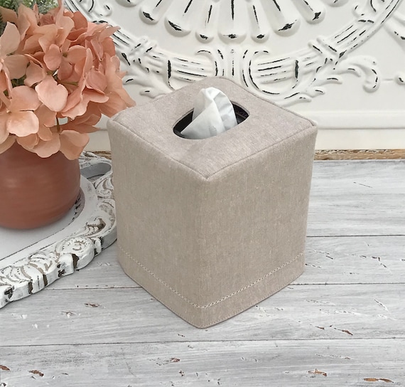 Hemstitch Natural Flax Linen Cotton Blend Reversible Tissue Box