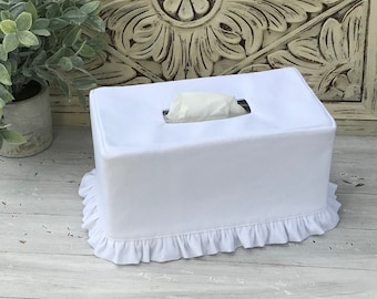 White linen ruffle rectangle tissue box cover