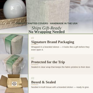 Peut inclure: Une housse de bo&icirc;te &agrave; mouchoirs carr&eacute;e en tissu textur&eacute; beige clair. La housse pr&eacute;sente une ouverture sup&eacute;rieure pour les mouchoirs. Le produit est pr&eacute;sent&eacute; dans diff&eacute;rentes &eacute;tapes d'emballage, avec un manchon vert, un film plastique et une bo&icirc;te.
