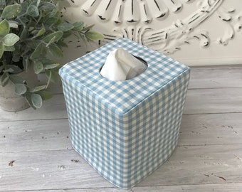 Blue Gingham/Gray Gingham Checkered reversible tissue box cover