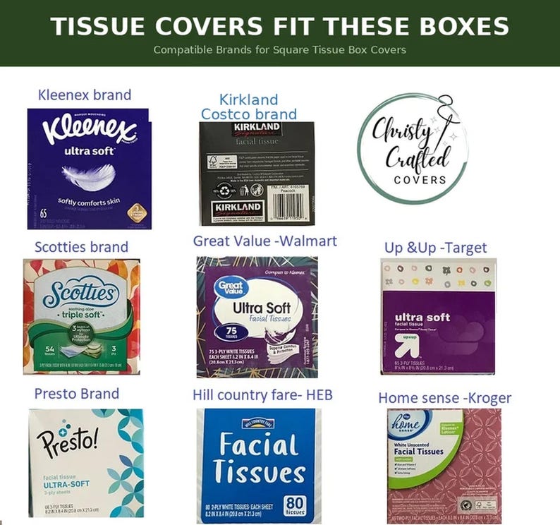 Peut inclure: Un graphique informatif intitul&eacute; TISSUE COVERS FIT THESE BOXES pr&eacute;sentant huit marques de bo&icirc;tes de mouchoirs carr&eacute;es dont Kleenex, Kirkland, Scotties, Great Value, Up & Up, Presto, Hill Country Fare et Home Sense avec le logo Christy Crafted Covers.