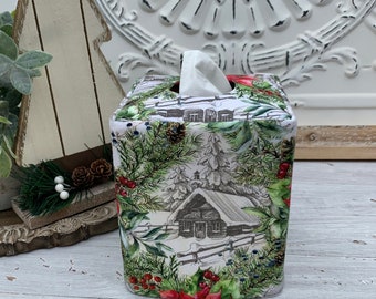 Winter Scenery Poinsettia reversible tissue box cover