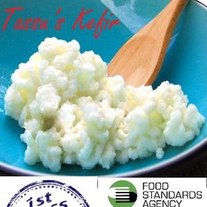 May include: A cluster of white, cauliflower-like kefir grains sits in a bright turquoise bowl with a wooden spoon. The text Tassu's Kefir is visible in red. Below are a 1st Class Post stamp graphic and a Food Standards Agency hygiene rating of 5.