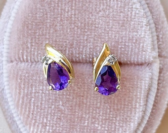 FANTASTIC Vintage 14k Amethyst Pear Earrings with Sparkling Diamond Accents