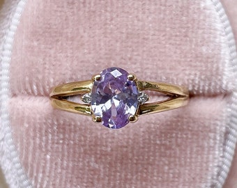 STUNNING Vintage Gold Ring Featuring an Oval Iolite and Glittering Diamonds, Made in Birmingham UK, Size 7