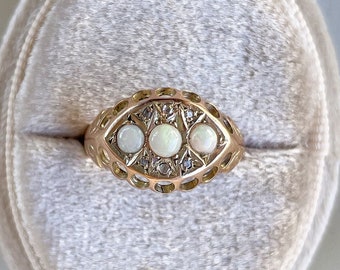 IMPRESSIVE Vintage 9ct Gold Edwardian Boat Ring With Cabochon Opals & Diamonds, Size 5 3/4, Chester Hallmark Dated 1905