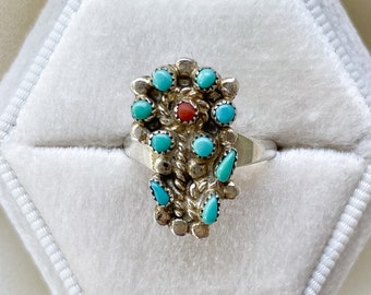 FANTASTIC Sterling Silver Zuni Turquoise Ring with Blooming Flower Motif, Size 3, Circa ‘70s