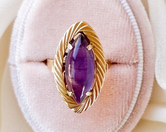 INCREDIBLE Vintage 14K Gold Amethyst Marquise Cabochon Ring, Circa ‘70s Size 6.5