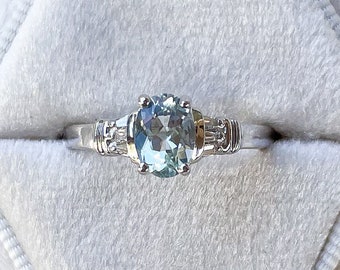 EXQUISITE Vintage 14K White Gold Aquamarine and Diamond Engagement Ring, Art Deco Style, Size 8