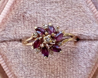 DREAMY 10K Gold Ring With Rubies & Diamonds in a Floral Motif, Size 7, Circa ‘70s, Made in New York City