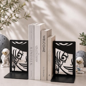 Modern Abstract Face Bookends, Metal Book Ends for Shelves, Minimalist Art Decor, Custom Engraved Book Holder, Unique Home Office Gift