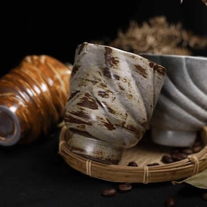 Handmade Ceramic Tumbler Cup – Japanese Rustic Wabi Sabi Pottery Tea Cup, Textured Swirl Design, Artisan Drinkware Gift For Coffee & Tea