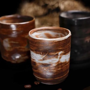 Handmade Ceramic Cup – Japanese Rustic Wabi Sabi Pottery Tumbler, Swirl Glaze Tea Cup, Artisan Coffee Mug, Unique Drinkware Gift