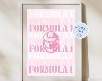 May include: A digital print featuring the text "FORMULA 1" repeated in a pink and white pattern. A pink racing helmet is centered in the design.
