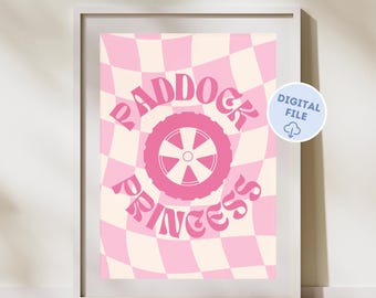 May include: Pink and white checkered background with the text "Paddock Princess" in pink with a pink tire in the center.