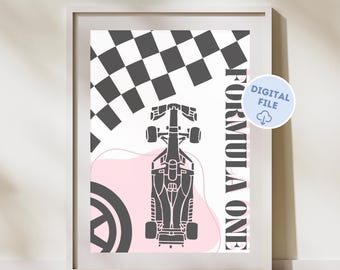 May include: A black and white checkered flag with a silhouette of a Formula One race car in the center. The car is on a pink and gray background with the text "Formula One" written vertically on the right side of the image.