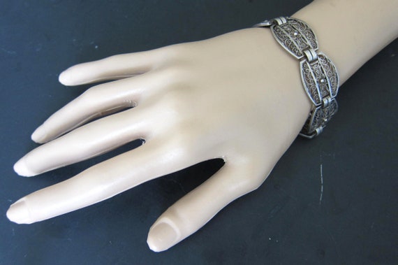 Vintage French Silver Filigree 7 Panels Bracelet - image 1