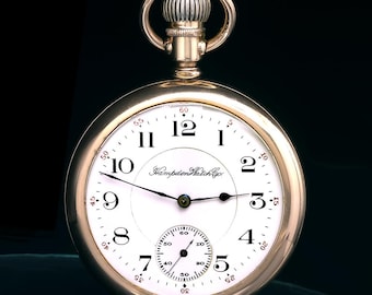 Antiguo reloj de bolsillo Hampden bañado en oro de 14 quilates, movimiento de dos tonos, S16,15J, Sev'd & Run,