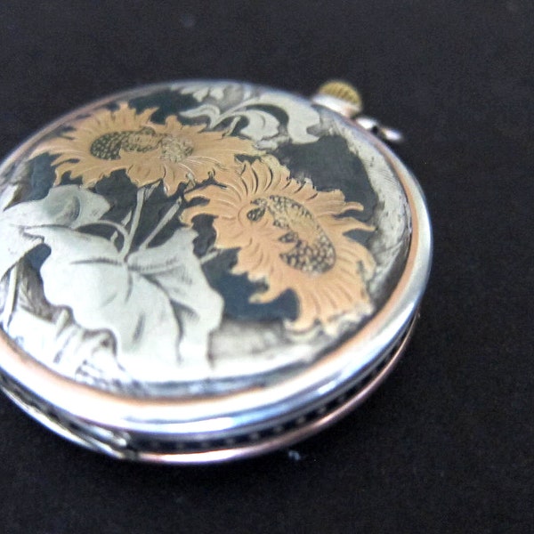 Antique Swiss Art Nouvea  Longines  Silver Niello+18K Rose Gold  Sunflower Pocket  Watch ,15 Jewels,S 8,Sev'd & Run
