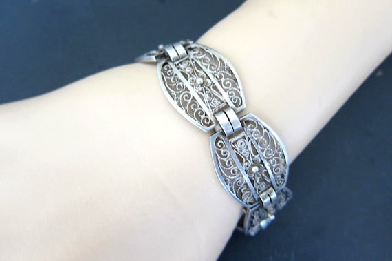 Vintage French Silver Filigree 7 Panels Bracelet - image 3