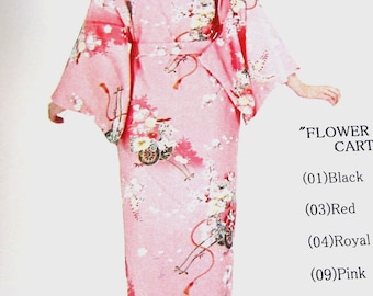 May include: A pink cotton-satin kimono with a floral design. The kimono features a tie-waist and wide sleeves. The text on the image says "FLOWER CART" and "Women's Kimono 55".