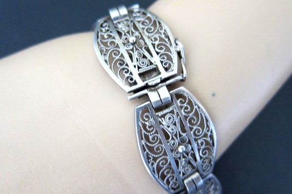 Vintage French Silver Filigree 7 Panels Bracelet - image 4