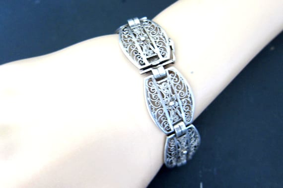 Vintage French Silver Filigree 7 Panels Bracelet - image 2