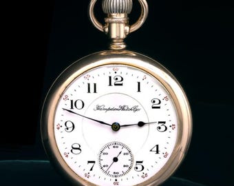 Antiek 14K goldfill Hampden-zakhorloge, tweekleurig uurwerk, 16,15 J, Sev'd & Run,