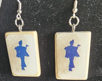 Mrs. Peacock Earrings with Picture from Clue Game Profile Card