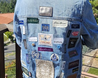 Upcycled Ladies Denim Jacket Embellished with Clothing Labels