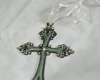 Decorative Cross Wall Hanging. Green Enamel on metal with rhinestones and faux pearls.