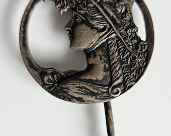 Vintage Carved Metal Hat Pin: Lady with Summer Hat