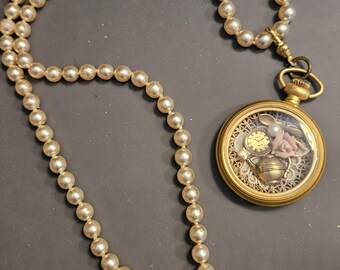 Vintage Tea Theme "Pocketwatch" and Faux Pearl Necklace