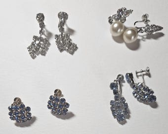 Four Pair Vintage Screw-back Sliver-tone Rhinestone Earrings