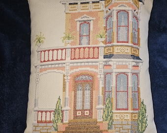 Upcycled Victorian House Cross Stitch Throw Pillow (12" x 14")