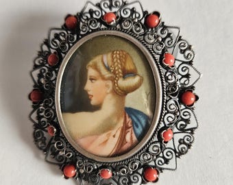 Victoria Era 800 Sterling Silver Unique Painted Brooch with coral accents.