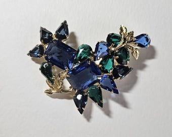 Vintage Gold tone Blue and Green Rhinestone Pin with Leaf accents