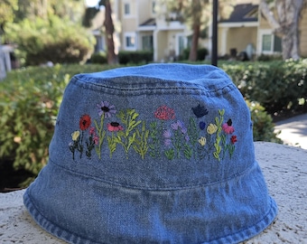 Bucket Denim Hat for her Hand Embroidered
