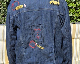 Upcycled Denim Jacket with Embroidered Teacher Theme