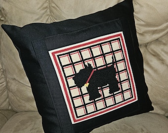 Upcycled Needlepoint Scottie Dog Throw Pillow - Black 14" x 14"