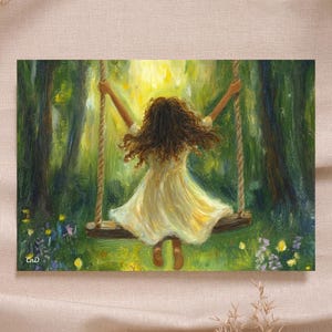 Waldorf Poster Mädchen Schaukel Frühling Sommer Märchen sofortiger Download druckbare Karte Poster hohe Qualität Montessori Rudolf Steiner
