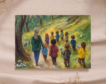 Waldorf card spring walk landscape tulip daffodil blossom instant download printable card poster high quality Montessori Rudolf Steiner