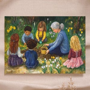 Frühlingsblumenzwiebeln Blumenkinder Frühling Waldorf Postkarte Druckbar Jahreszeitenkunst Jahrestisch Hochwertige Montessori Rudolf Steiner
